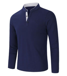 Men's Black Long Sleeve Polo <b>Shirt</b> Stand Collar 3 Button Placket Casual Slim Fit Cotton Blend Pullover <b>Shirt</b> Wholesale - Product Image 3
