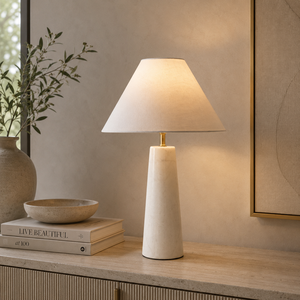 Modern Marble Accent Lamp Featuring Refined Geometric Form Soft Fabric Shade And Sophisticated Home Decor Styling Presence - Product Image 1