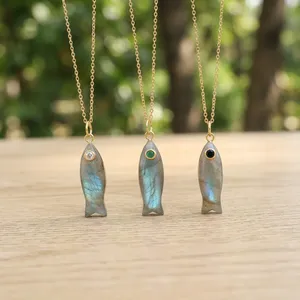 New Arrival Genuine Fire Labradorite Carved <b>Fish</b> Pendant Tiny Black CZ Eye Brass Jewelry 18K Gold Plated Women's Statement Gift - Product Image 5