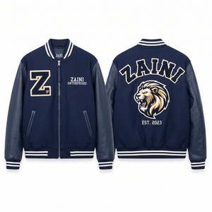 เสื้อแจ็คเก็ตบอมเบอร์กันลมสำหรับผู้ชาย ผ้าโพลีเอสเตอร์พรีเมียม 220 GSM สีฟ้าอ่อน ปลายแขนเสื้อแบบถัก  ปักลายปะแบบกำหนดเอง สไตล์สตรีทแวร์ - Product Image 1