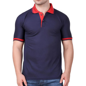 Polo de manga corta azul marino para hombre con cuello y puños rojos, diseño transpirable de algodón piqué informal. - Product Image 1