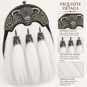 Sporran en cuir pour kilt, style Highland Cow, avec fourrure blanche, motif celtique et pompon à trois chaînes - Product Image 3