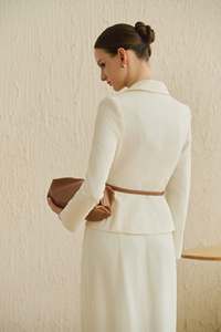 Gentlemom Women's Cream Wool Blend Winter Long Skirt Suit <b>Set</b> V Neck <b>Blazer</b> Single Button 3/4 Sleeve Anti Wrinkle Office - Product Image 2