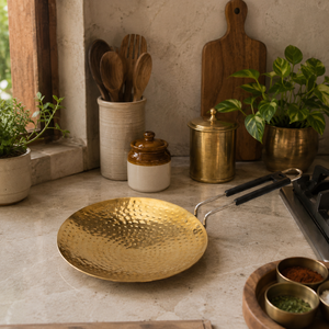Premium Hammered Brass Fry <b>Pan</b> with Heat Resistant <b>Handle</b> | Traditional Indian Brass Tawa | Heavy Duty Frying <b>Pan</b> | Kitchen Cook - Product Image 2
