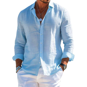 Chemise décontractée pour homme OEM, automne, tricotée unie en polyester/rayonne, mode polyvalente, plage, manches longues, col à revers, bouton unique, coupe ajustée - Product Image 6