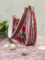 Sac à bandoulière perlé motif cerise, pochette de resort, vente en gros, OEM, sac à main artisanal, export, marque privée, fermeture éclair simple