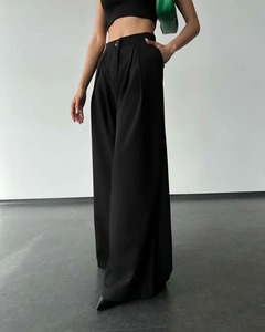 Women's High Waist Wide Leg Palazzo Pants Elegant Breathable 100% Polyester Pleated Front Loose Fit Customizable <b>Trousers</b> - Product Image 3