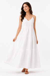 Vestido Midi de Verano para Mujer, Blanco, Cuello en V, Tirantes Finos, Estilo Bohemio, de Algodón Ecológico, Vintage, para la Playa - Product Image 1