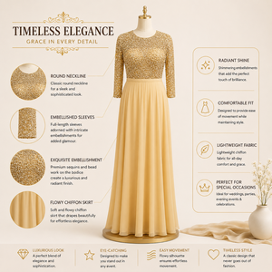 Robe de soirée longue en mousseline de soie à paillettes dorées de luxe, élégante, à manches longues, pour soirée formelle, mariage, cocktail, bal, pour femmes - Product Image 5
