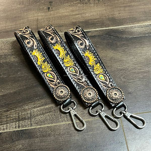 Vintage Travel Hand <b>Tooled</b> Genuine <b>Leather</b> Sunflower Leaf Design Metal Concho Multi Color Safety Keychain With Wristlet Strap - Product Image 5
