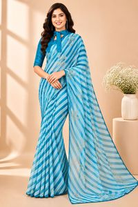 Luxury Sky Blue Georgette <b>Saree</b> For Women Striped Print Bollywood Style Sarees With Unstitched <b>Blouse</b> Piece Indian Festive Party - Product Image 5