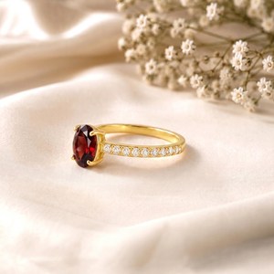 Elegant Red <b>Garnet</b> Gemstone <b>Ring</b> Oval Cut Promise <b>Ring</b> Handmade 925 Sterling <b>Silver</b> 18K Gold Filled Bridal Jewelry Gift for Her - Product Image 2