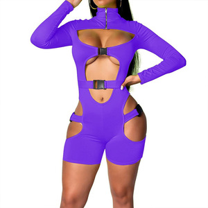 Mono morado sexy de manga larga con cuello alto y aberturas para mujer, ajustado tipo bodycon, corto por encima de la rodilla, estilo skinny para club. - Product Image 1