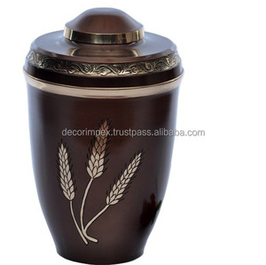 Urne funéraire haut de gamme en métal et laiton, design moderne motif blé, couvercle fileté marron, accents dorés, écologique, faite à la main, vase de table - Product Image 1