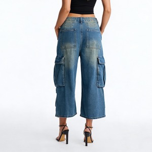 Jean en denim uni à taille mi-haute, coupe ample, jambe large, délavé, léger et confortable en coton, idéal pour l'hiver - Product Image 2