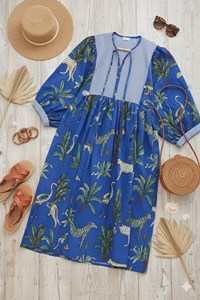 Robe longue bleue à imprimé tropical pour femme, col en V, coupe ample, style bohème, manches bouffantes trois quarts, robe décontractée d'été - Product Image 5