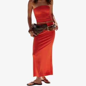 Ensemble 2 pièces de qualité supérieure pour femmes, haut tube sans bretelles, jupe longue maxi, couleur unie, respirant, tricoté, style club sexy pour femmes - Product Image 3