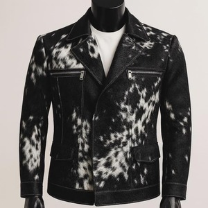 <b>Mens</b> Genuine Leather Real Fur Biker <b>Jacket</b> Black <b>White</b> Asymmetrical Zip Front Logo Windproof Polyester Lining Winter Moto <b>Jacket</b> - Product Image 1