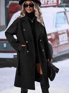 Manteau Trench Élégant pour Femme, Double Boutonnage, Longueur Genou, Noir Uni, Col Cranté, Coupe-Vent en Polyester, Vêtement d'Extérieur Automne - Product Image 3