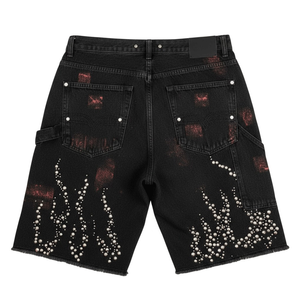 Pantalones Cortos Vaqueros de Algodón Vintage de Alta Calidad para Hombre con Logotipo Personalizado de Pedrería, Lavado Ácido y Efecto Desgastado por el Sol - Product Image 2