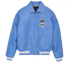 Huzu Enterprises <b>Men's</b> Blue <b>Suede</b> Bomber <b>Jacket</b> Crew Neck Zipper Front Waterproof Windproof Eco-Friendly Winter Wear HIGH STREET - Product Image 1