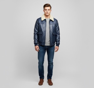 Blouson Bomber Homme OEM en Cuir de Mouton Véritable de Haute Qualité, Imperméable, Épais, Grande Taille, avec Fermeture Éclair, Gaufré, Coupe Ajustée, Style Vintage, Hiver - Product Image 1
