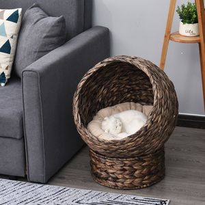 Lit surélevé pour chat tissé à la main avec panier rotatif en osier et coussin moelleux, chaise œuf marron avec support pour animaux de compagnie - Product Image 1
