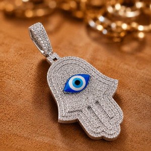 Collier Pendentif Main de Hamsa et Œil Turc en Métal Argenté et Moissanite, Luxe, Sertissage Pavé, Bijoux de Mode Unisexe - Product Image 4