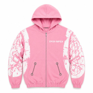 เสื้อฮู้ดซิป Ekin Impex สีชมพู พิมพ์ลายสีขาวที่แขนเสื้อ ทรงโอเวอร์ไซส์ สไตล์สตรีทแวร์ ดีไซน์สำหรับทุกเพศ เหมาะสำหรับฤดูหนาว แห้งเร็ว - Product Image 1