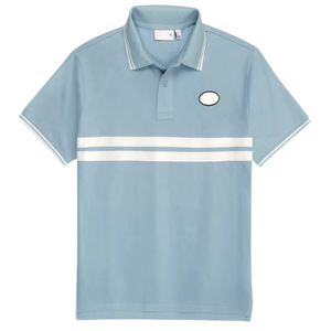 Polo à manches courtes bleu clair pour homme avec rayures blanches et logo ovale, style décontracté, tissu Oxford en coton - Product Image 1