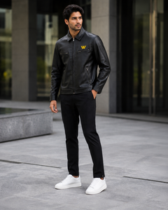 Men's Black Silk Moto <b>Jacket</b> <b>Yellow</b> W Logo Zipper Front Stand Collar Loose Fit Winter Style <b>Waterproof</b> Windproof High Street - Product Image 3