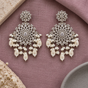 Silver Plated Clear Stone Floral Chandelier Earrings with Faux Pearl Drops <b>Pakistani</b> Bridal <b>Jewelry</b> Wholesale Manufacturer - Product Image 6