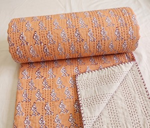 Handmade Printed Cotton Quilt Orange Kantha Stitching Traditional Pattern All-Season Home Use - Product Image 4