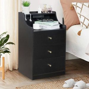FCH 45*35*73cm Three Drawers <b>Bedside</b> <b>Table</b> <b>Black</b> Particleboard Triamine Matt Gold Tapered Handle 1 Wire Nightstands Compartments - Product Image 2