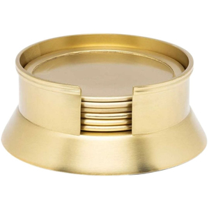Creative Round Brass Coaster Set Of 4 With Holder Modern Gold Brushed Metal Drink Coasters For Coffee Table & Home Bar Decor <b>Cup</b> - Product Image 3