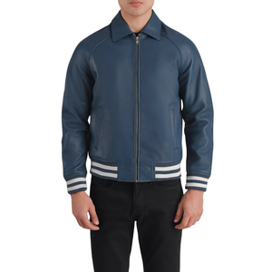 Chaqueta Varsity de Cuero Genuino Azul Marino para Hombre, Cuello Camisero, Cierre de Cremallera, Chaqueta Bomber Informal - Product Image 3
