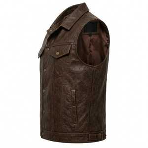Stylish Men’s Vintage Brown Leather Vest Classic Snap Button Motorcycle Biker Waistcoat for Casual Streetwear Fashion - Product Image 3