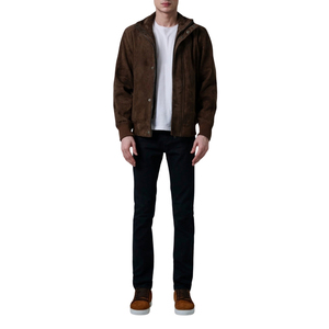 Chaqueta Bomber de Gamuza Marrón para Hombre, Cuello Alto, Cierre de Cremallera, Color Sólido, Estilo Casual para Otoño, Corte Ajustado, Largo Regular - Product Image 1