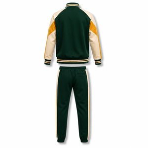 Survêtement unisexe vert crème jaune à blocs de couleur, manches longues, col rabattu, taille élastique, style sportif décontracté pour l'automne - Product Image 1