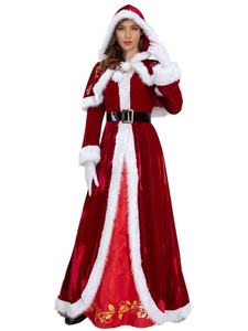 <span class=keywords><strong>Disfraces</strong></span> de Papá Noel de Navidad <span class=keywords><strong>para</strong></span> mujer, vestido Maxi de terciopelo con cinturón, guantes, conjunto de capa con capucha, trajes de fiesta de Navidad, Nochebuena - Product Image 5