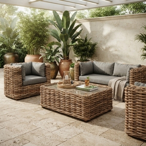 Outdoor <b>Rattan</b> Woven <b>Sofa</b> Set Mahogany Wood Frame Half Cl Natural <b>Rattan</b> Daphnie Cushion Glass Coffee Table Setup Art Design - Product Image 3