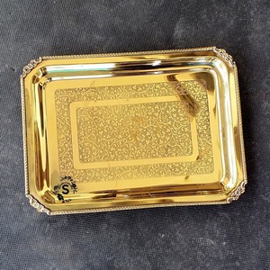Plateau de service en laiton, plateau de service en métal gaufré, plateau rectangulaire décoratif pour le thé, le café, les collations, les repas - Product Image 5