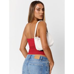 Débardeur tricoté rouge sans bretelles pour femme, couleur unie, froncé, longueur courte, style club sexy, mélange élasthanne et polyester - Product Image 4