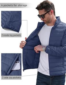 Men's Lightweight <b>Packable</b> Down Coat Waterproof Winter Hooded Stand Collar <b>Jacket</b> Front Logo 100% Filling Casual Storage Pouch - Product Image 4