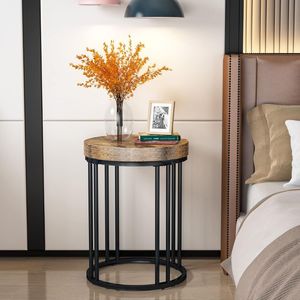 Table d'appoint ronde en bois d'acacia massif avec base en cage métallique noire pour salon, chambre, hôtel, meubles de maison - Product Image 3