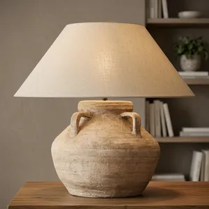 Lámpara de Mesa de Cerámica Terracota, Hecha a Mano, Estilo Contemporáneo, Ecológica, Decorativa, con Pantalla de Tela, para Diwali - Product Image 5