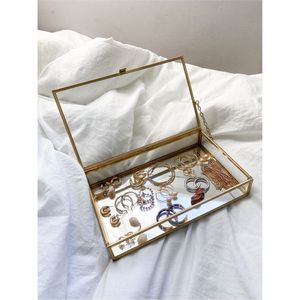Wholesale Custom Luxury Gold Brass Trim Clear Glass Jewelry <b>Box</b> with <b>Mirrored</b> Bottom Geometric Trinket Display Case Organizer - Product Image 6