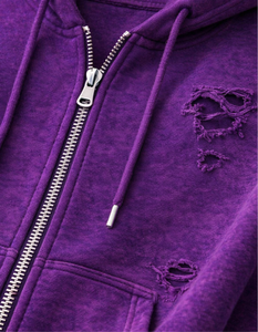 Sweat à capuche zippé pour homme, violet, effet vieilli, coupe oversize, style vintage, déchiré, en polaire, streetwear, avec poches - Product Image 6
