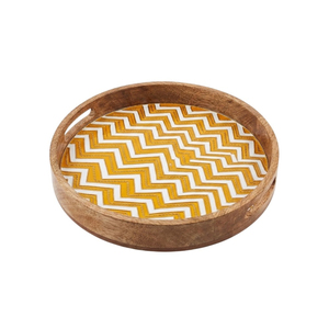 Handmade <b>Round</b> Wood Serving <b>Tray</b> with Yellow Chevron Zigzag Pattern Decorative Coffee <b>Table</b> <b>Tray</b> & Organizer for Home Decor - Product Image 1