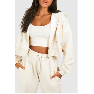 Women's Cream Hooded <b>Zip</b>-Up Tracksuit Set Full Length Loose Fit Side Pockets Casual Autumn Wear 100% Cotton Sweatpants - Product Image 4